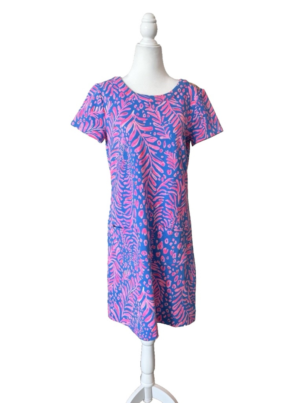 Lilly Pulitzer Women Size M Blue Pink Floral Shift Dress Short Sleeve Pockets